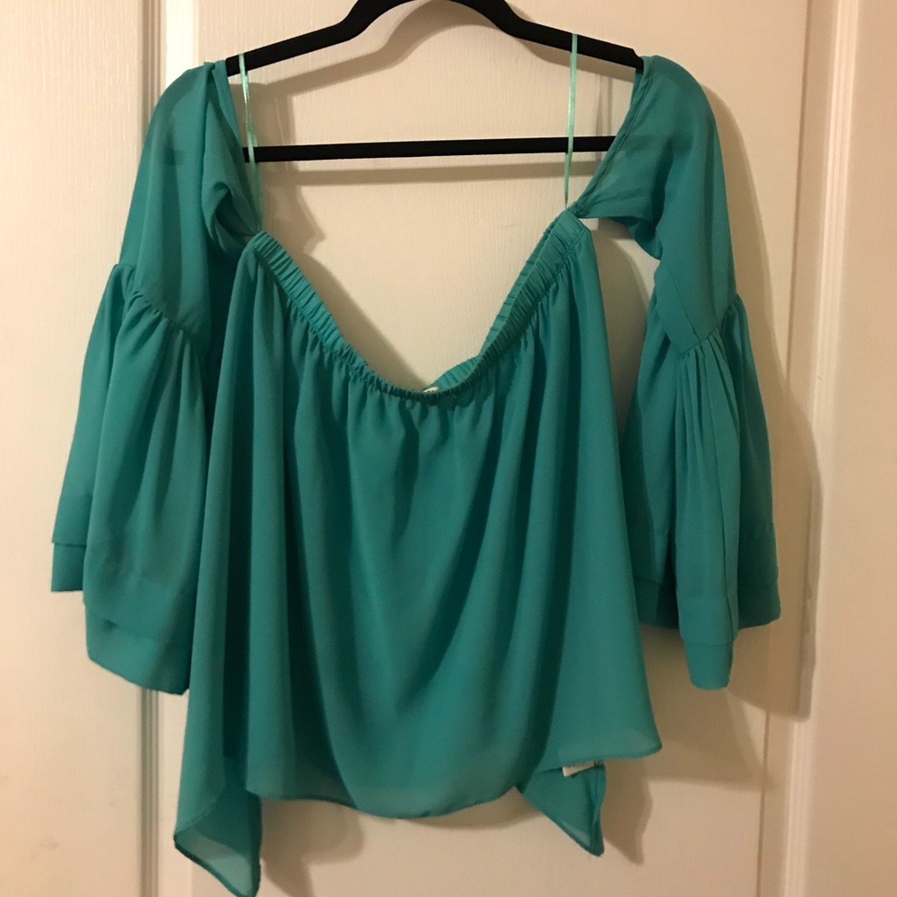 Red Dress Boutique off the shoulder teal shirt